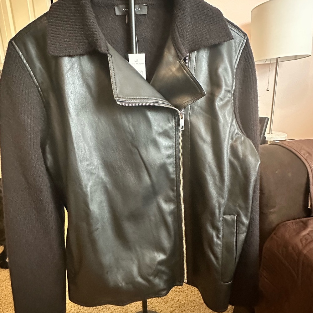 Black Feaux Leather Jacket with sweater Sleeves